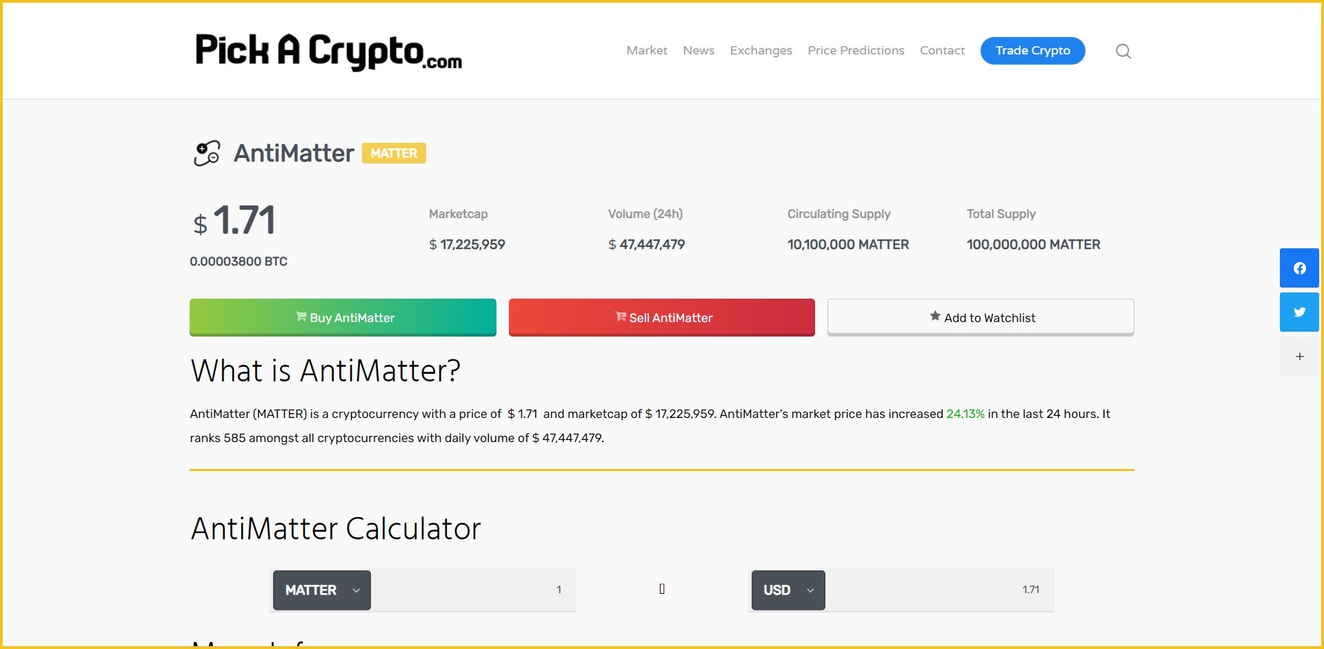 AntiMatter MATTER Price Prediction Statistics