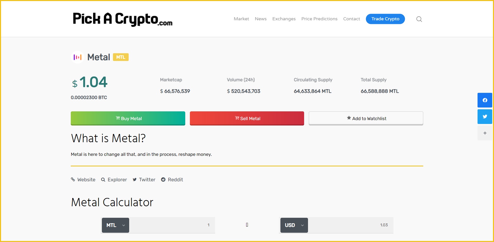 Metal MTL Price Prediction Statistics